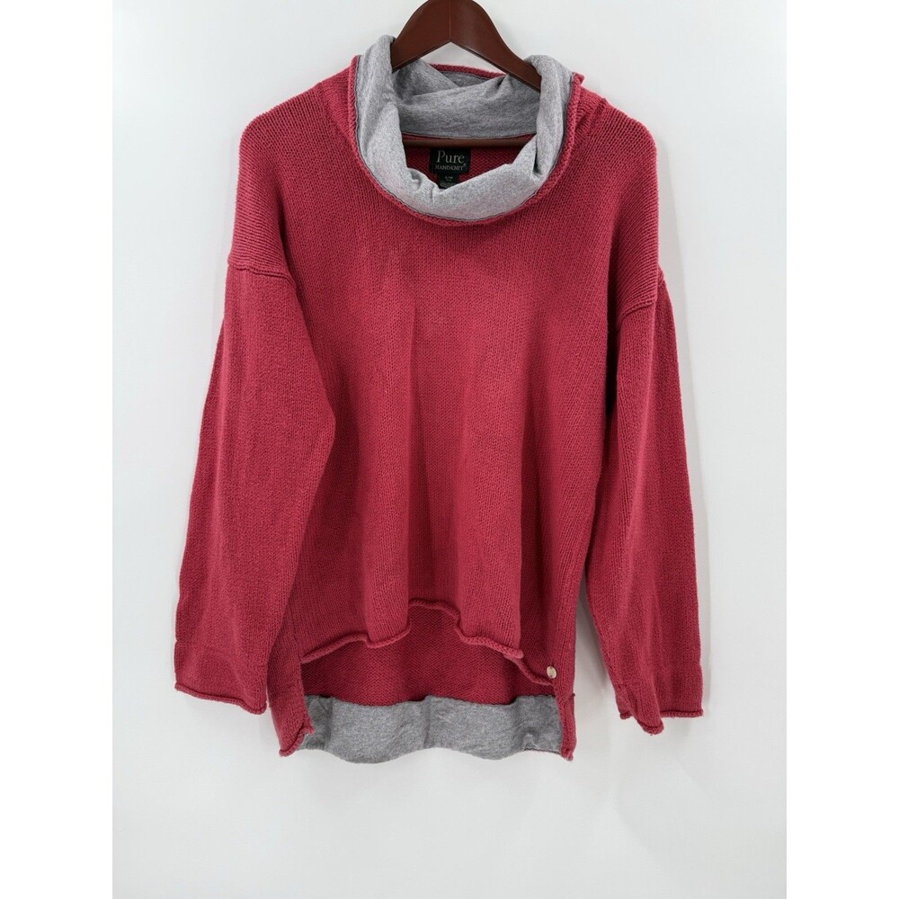 Pure Handknit Womens Sweater Preppy Minimalist Classic Cozy High Low Red SMALL